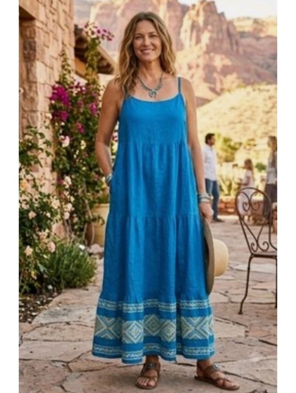 Haris Cotton Blue 100% Linen Maxi Dress with embroidered Pattern, Size Large